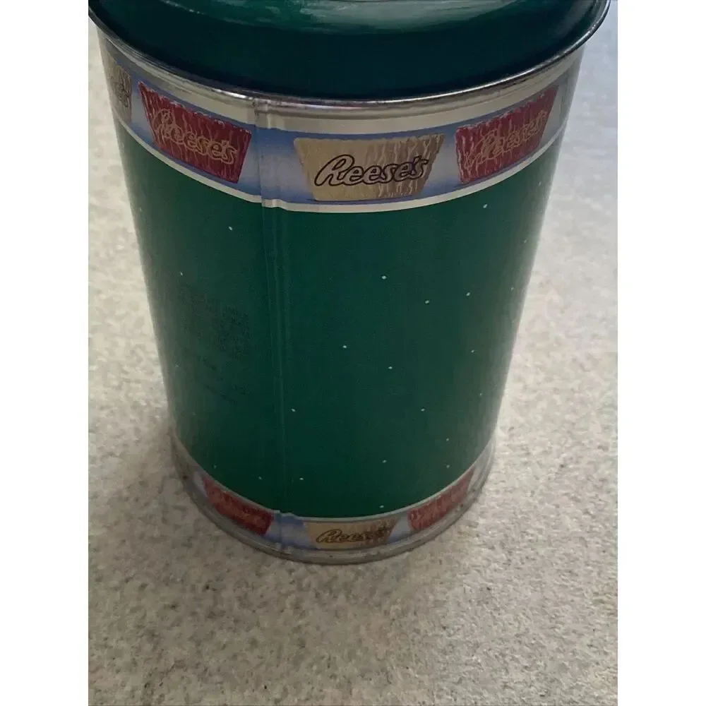 Vintage Collectible Tin - 1990 Hershey Reeses - Green Christmas Bear in Stocking